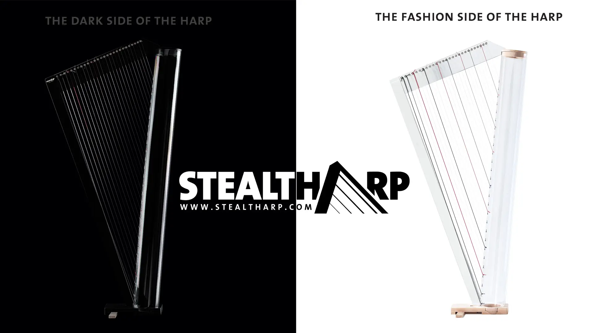 Black and white StealthArp harps featuring “The dark side of the harp” and “The fashion side of the harp”